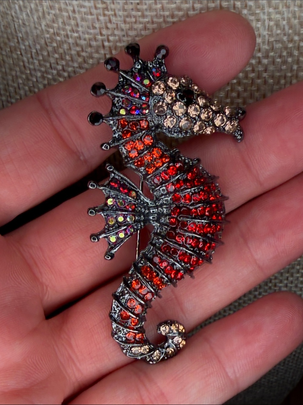 Seahorse Crystal Brooch - Red and Champagne Rhinestones